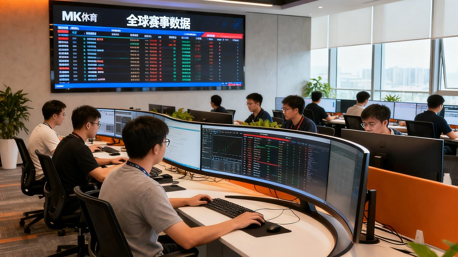 MK体育深圳总部开放式办公区，数十名数据分析师和工程师在曲面显示器前专注工作，背景大屏实时滚动全球赛事数据